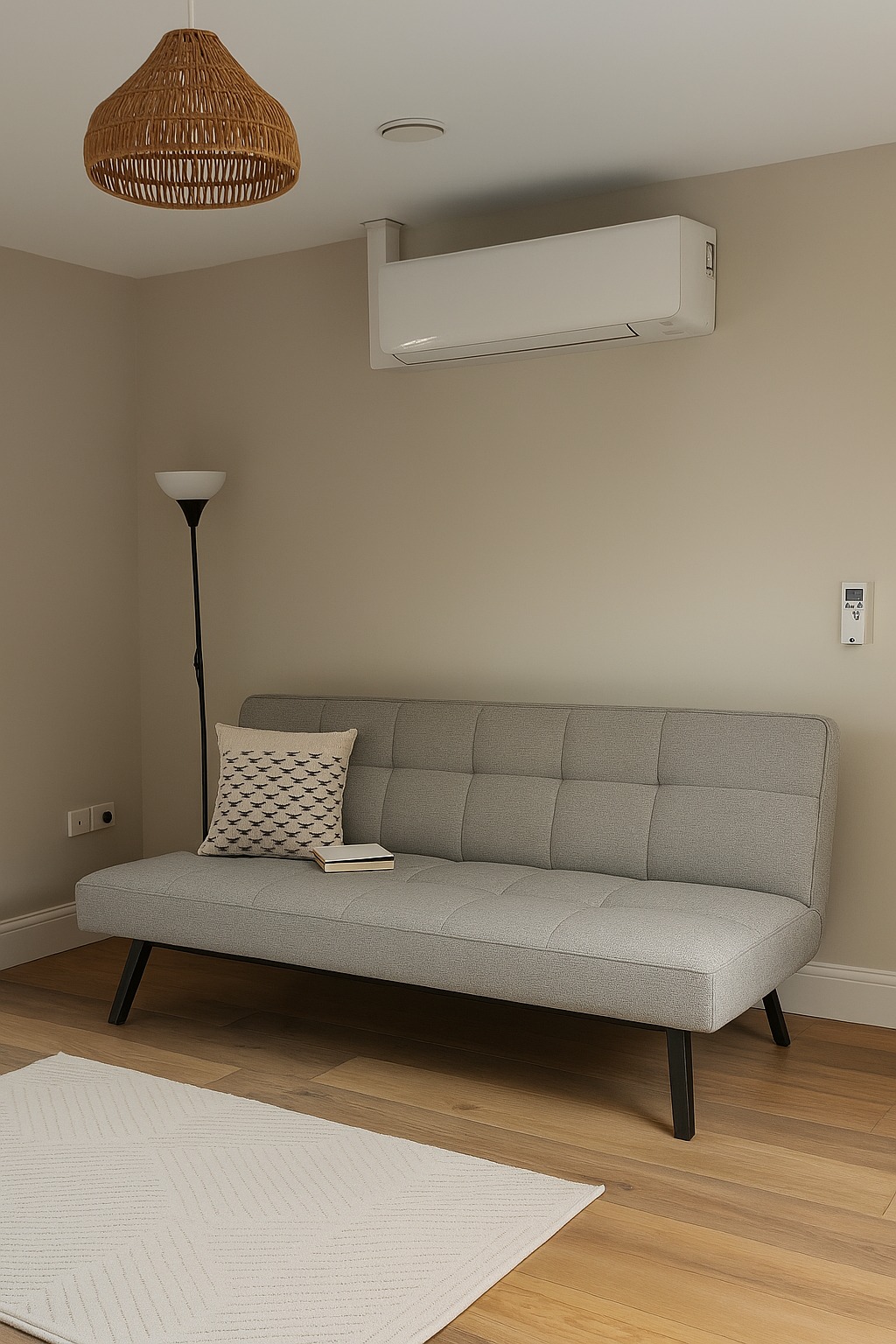 Living room with sofa and mountain view